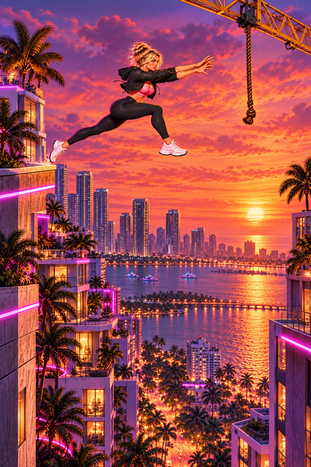 Lulu leaps from a neon rooftop, reaching for a construction crane's rope above Miami.