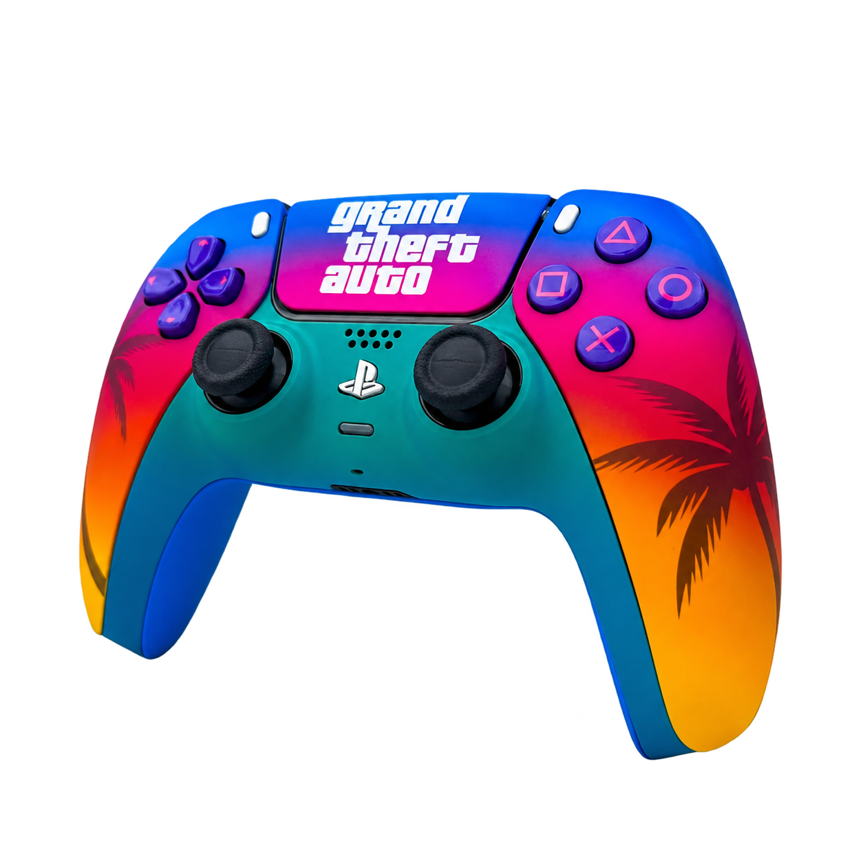 Hand-painted PS5 controller with a blue, pink and sunset-yellow GTA design and palm trees