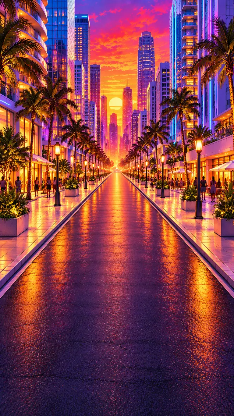 Miami boulevard leading between skyscrapers at sunset